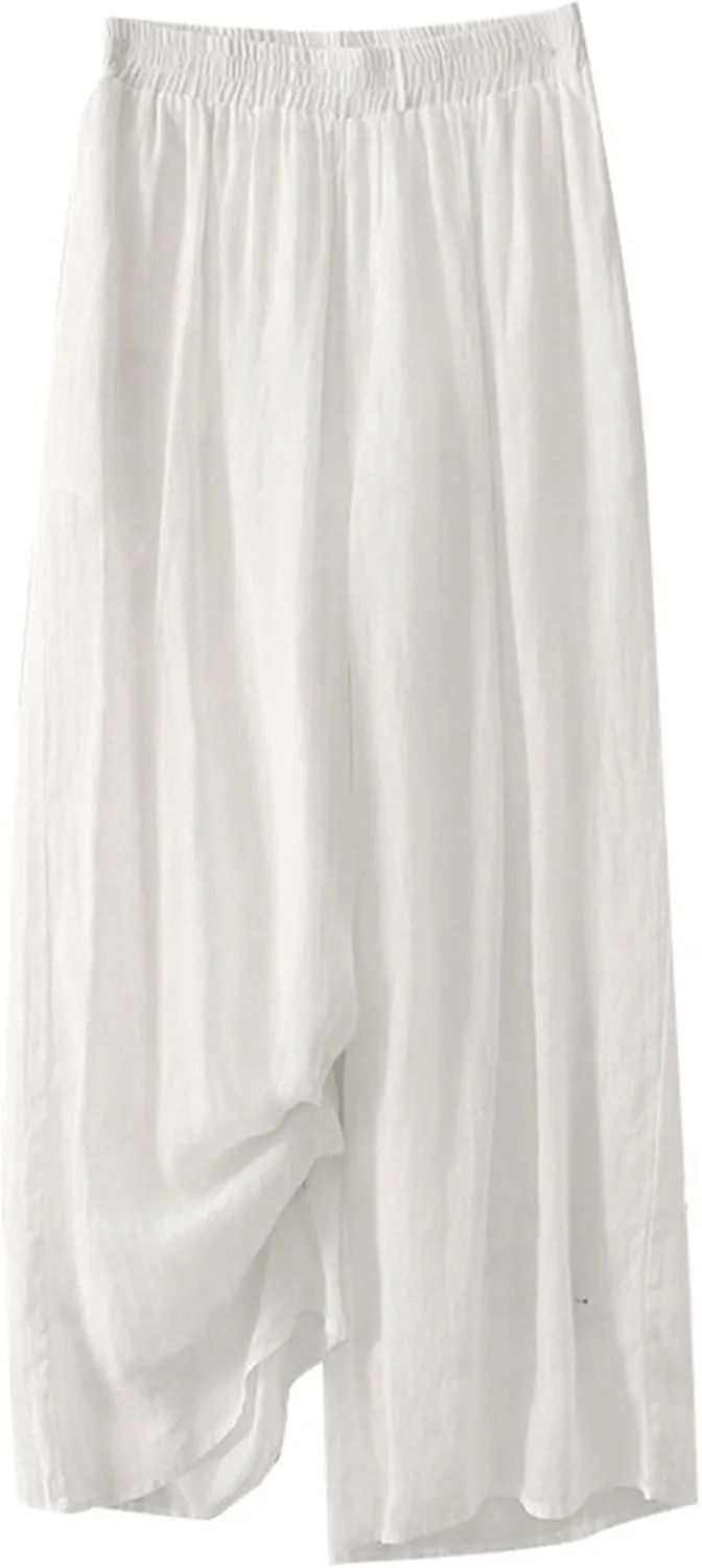 Womens Linen Cropped Pants High Waisted Baggy Pull On Paperbag Pants Printed Capris Cotton Light Slacks Work Pants