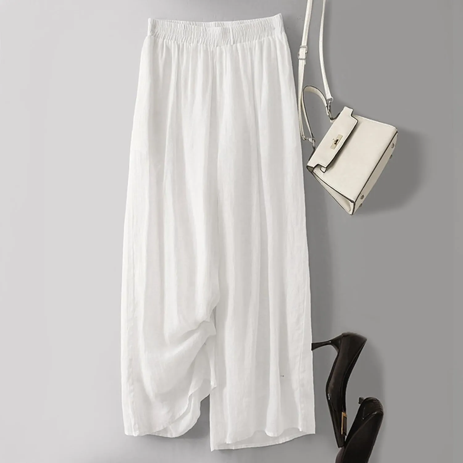 Womens Linen Cropped Pants High Waisted Baggy Pull On Paperbag Pants Printed Capris Cotton Light Slacks Work Pants