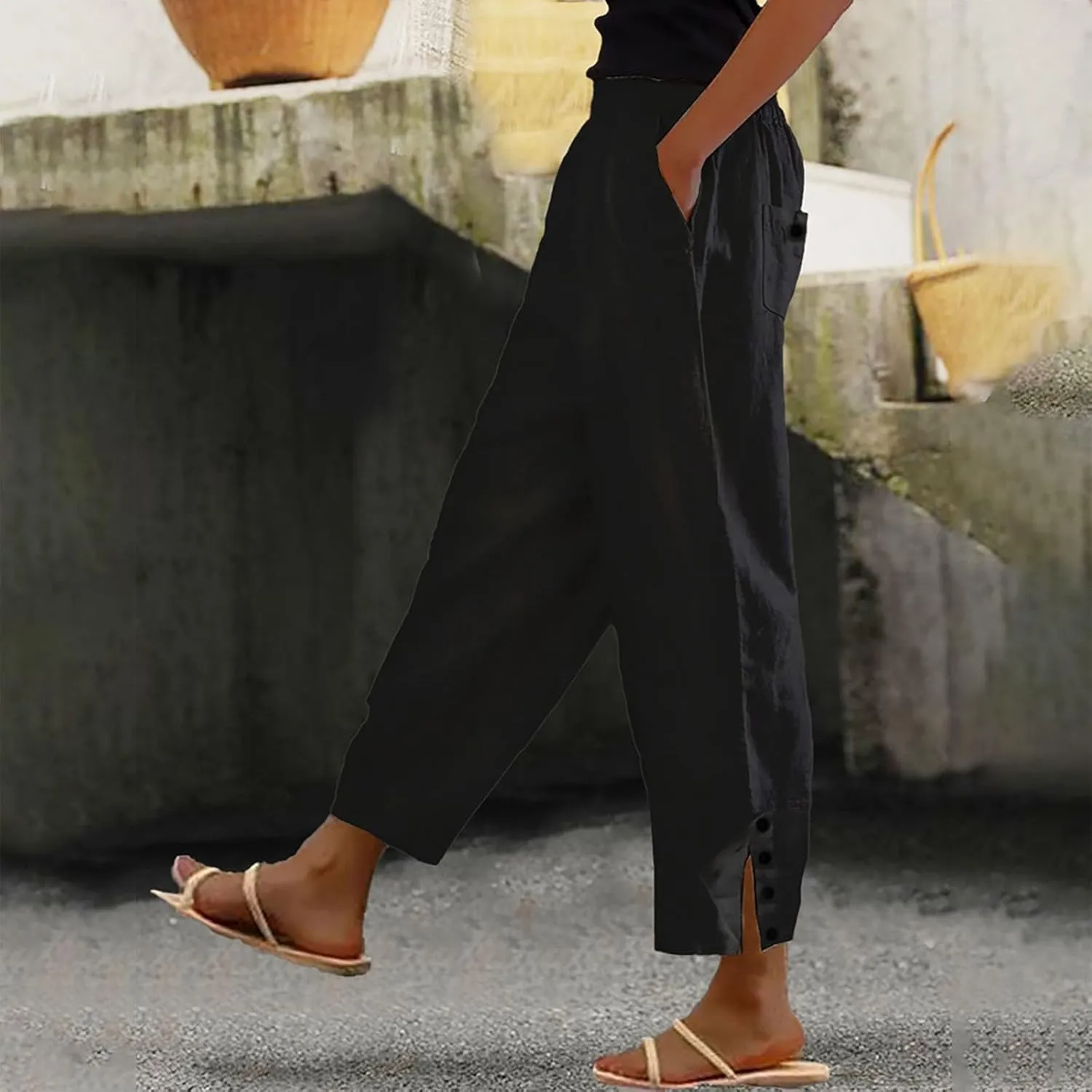 Womens Linen Cropped Pants Plus Size Elastic High Rise Paperbag Pants Floral Capris Summer Loose Slacks Yoga Pants