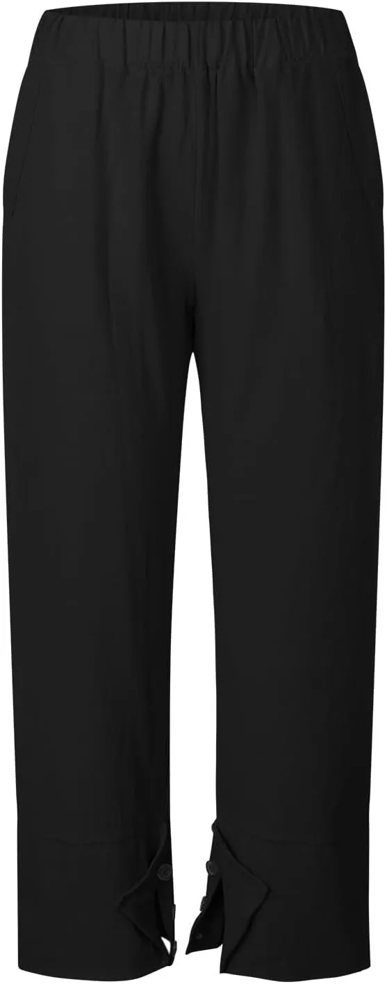 Womens Linen Cropped Pants Plus Size Elastic High Rise Paperbag Pants Floral Capris Summer Loose Slacks Yoga Pants