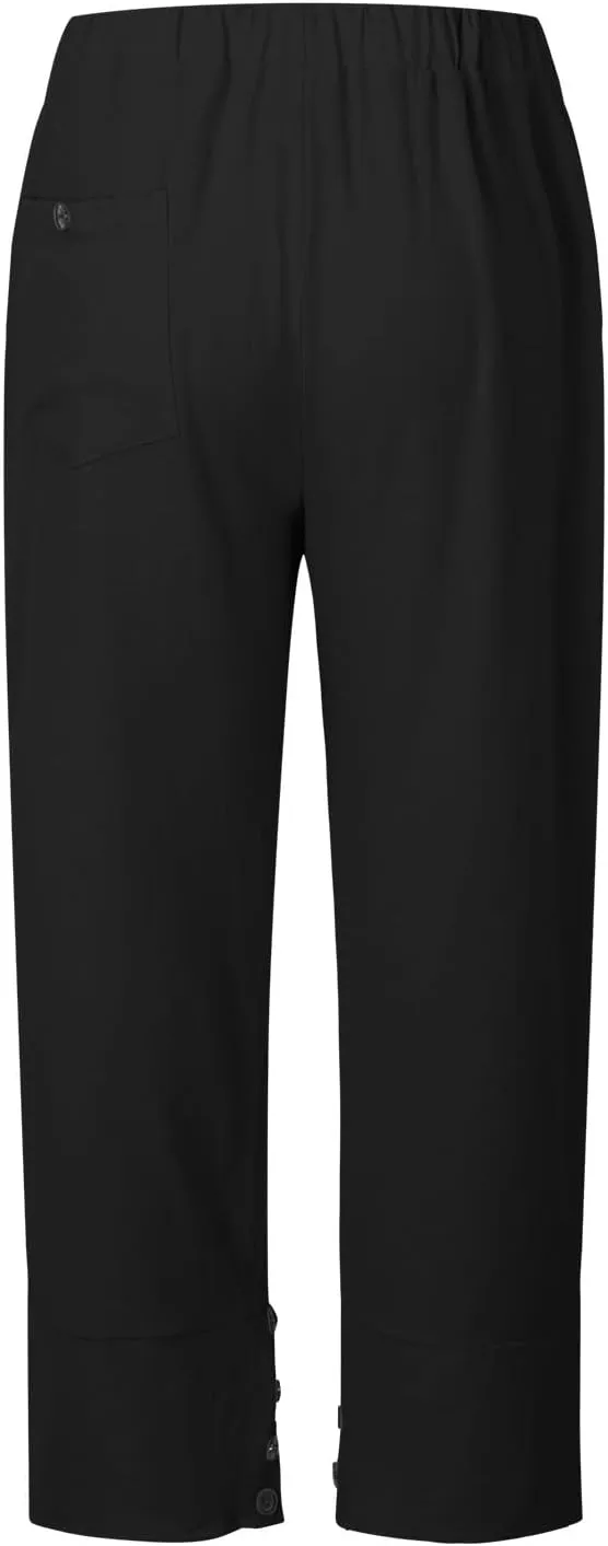 Womens Linen Cropped Pants Plus Size Elastic High Rise Paperbag Pants Floral Capris Summer Loose Slacks Yoga Pants