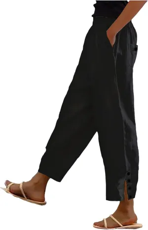 Womens Linen Cropped Pants Plus Size Elastic High Rise Paperbag Pants Floral Capris Summer Loose Slacks Yoga Pants