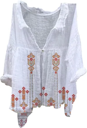 Women's Linen Oversized Blouses Vintage Women's Retro Floral Art Print Casual Long Boyfriend Dress Shirt
