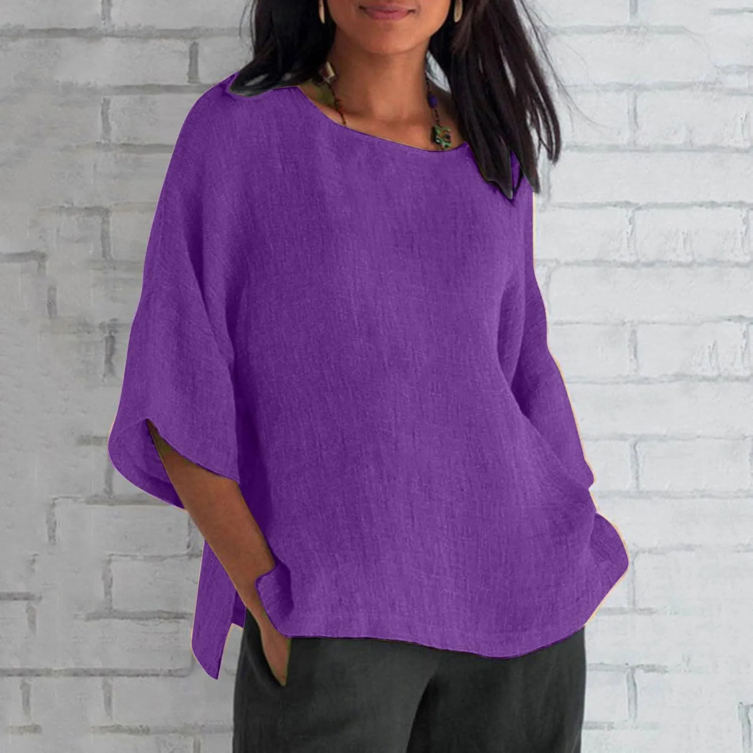 Womens Linen Shirts Short Sleeve Casual T-Shirts Trendy Loose Fit Round Neck Blouse Fashion Solid Color Tops