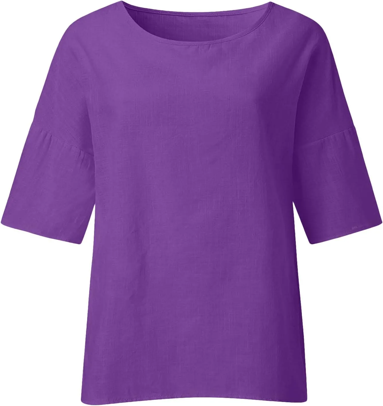 Womens Linen Shirts Short Sleeve Casual T-Shirts Trendy Loose Fit Round Neck Blouse Fashion Solid Color Tops