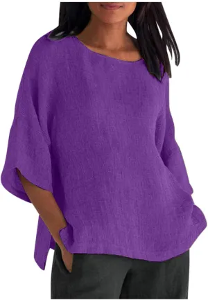 Womens Linen Shirts Short Sleeve Casual T-Shirts Trendy Loose Fit Round Neck Blouse Fashion Solid Color Tops