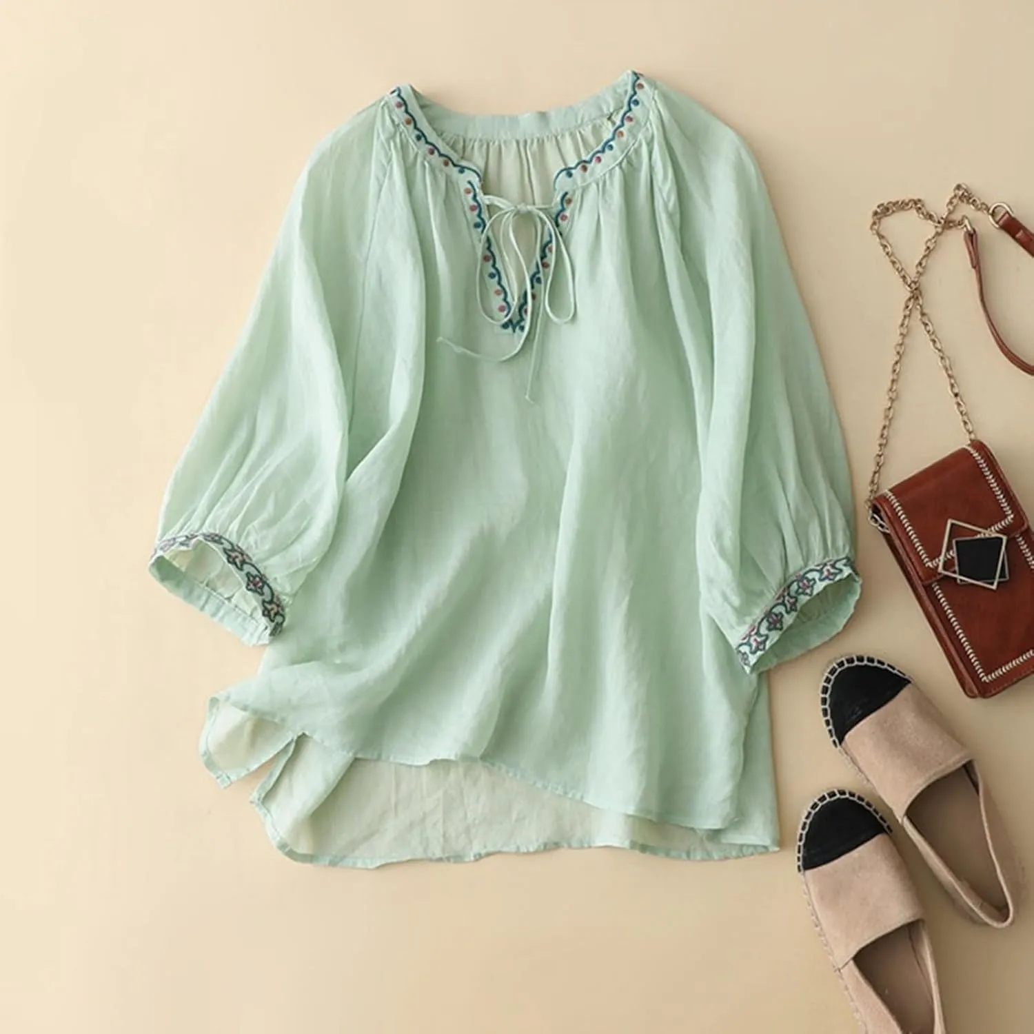 Womens Linen Shirts V-Neck Embroidery Blouse Floral Print 2025 Summer Tee Shirts Short Sleeve Loose T-Shirt