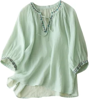 Womens Linen Shirts V-Neck Embroidery Blouse Floral Print 2025 Summer Tee Shirts Short Sleeve Loose T-Shirt