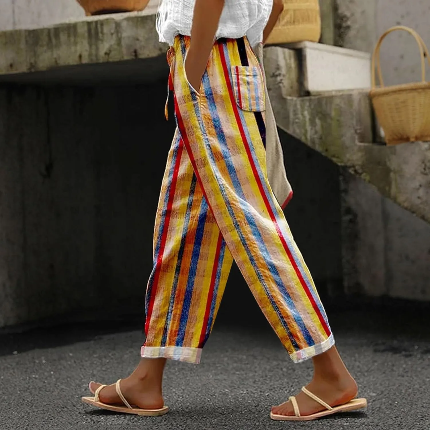 Womens Linen Summer Capri Pants Capri Pants with Pockets Wide Leg Cropped Pants for Women Comfy Loose Summer Beach