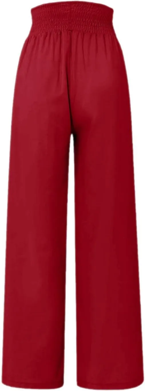 Women's Linen Summer Palazzo Pants Lounge Loose Paperbag Waist Trousers Solid Comfy Pants Summer Outfits 2025 Trendy
