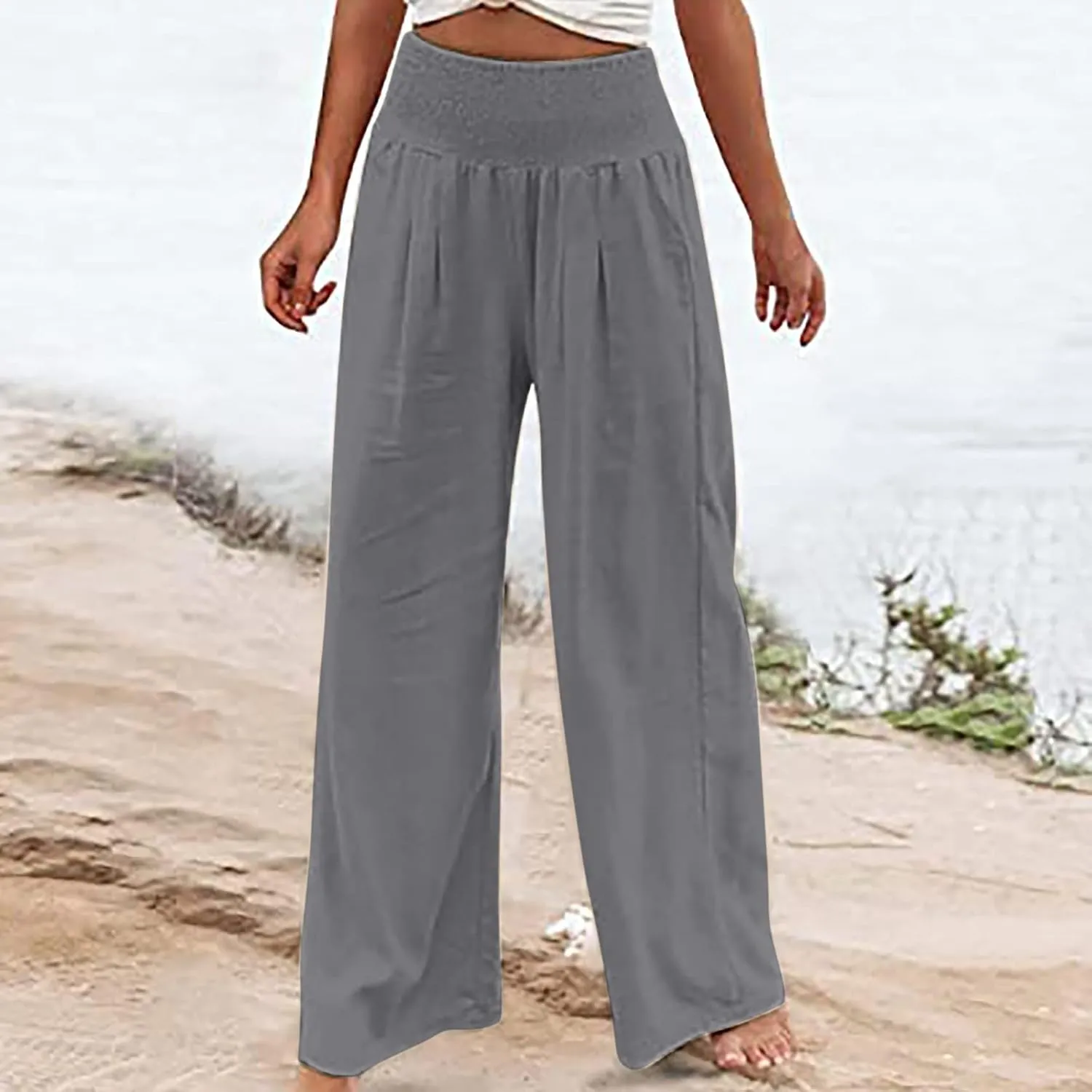 Womens Linen Wide Leg Pants Elastic High Rise Plus Size Paperbag Pants Summer Cotton Flowy Patterned Tall Yoga Pants