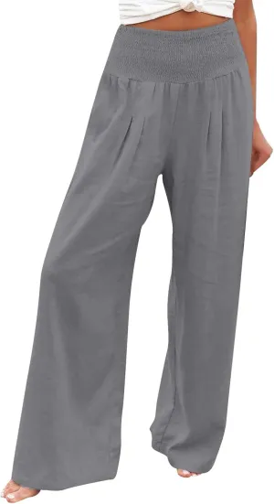 Womens Linen Wide Leg Pants Elastic High Rise Plus Size Paperbag Pants Summer Cotton Flowy Patterned Tall Yoga Pants
