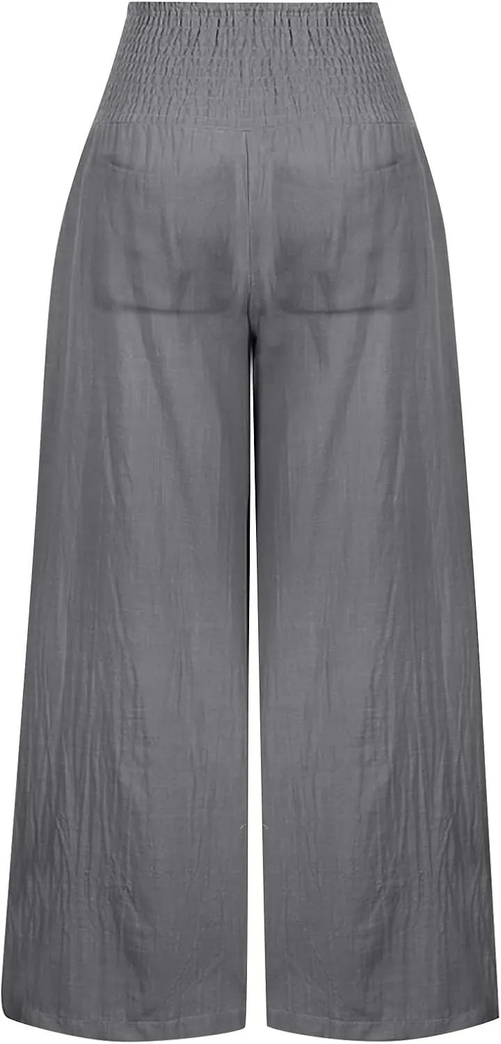 Womens Linen Wide Leg Pants Elastic High Rise Plus Size Paperbag Pants Summer Cotton Flowy Patterned Tall Yoga Pants