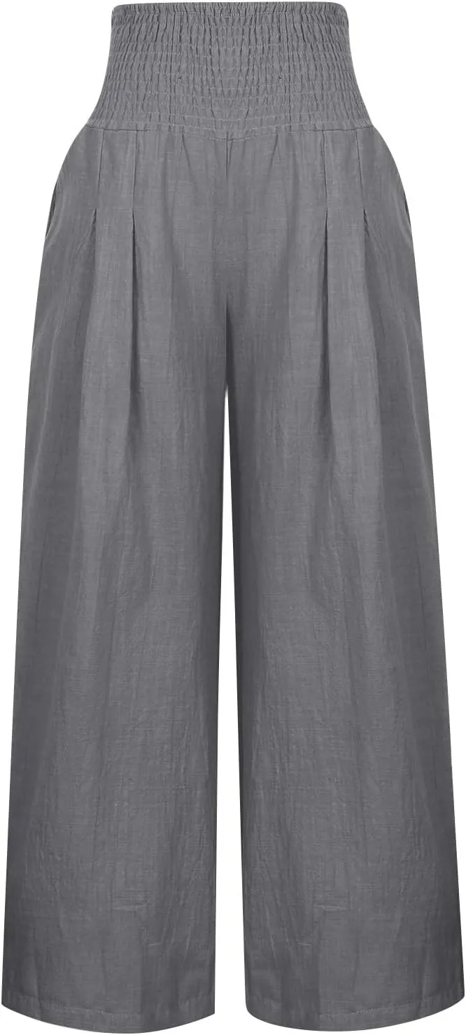 Womens Linen Wide Leg Pants Elastic High Rise Plus Size Paperbag Pants Summer Cotton Flowy Patterned Tall Yoga Pants