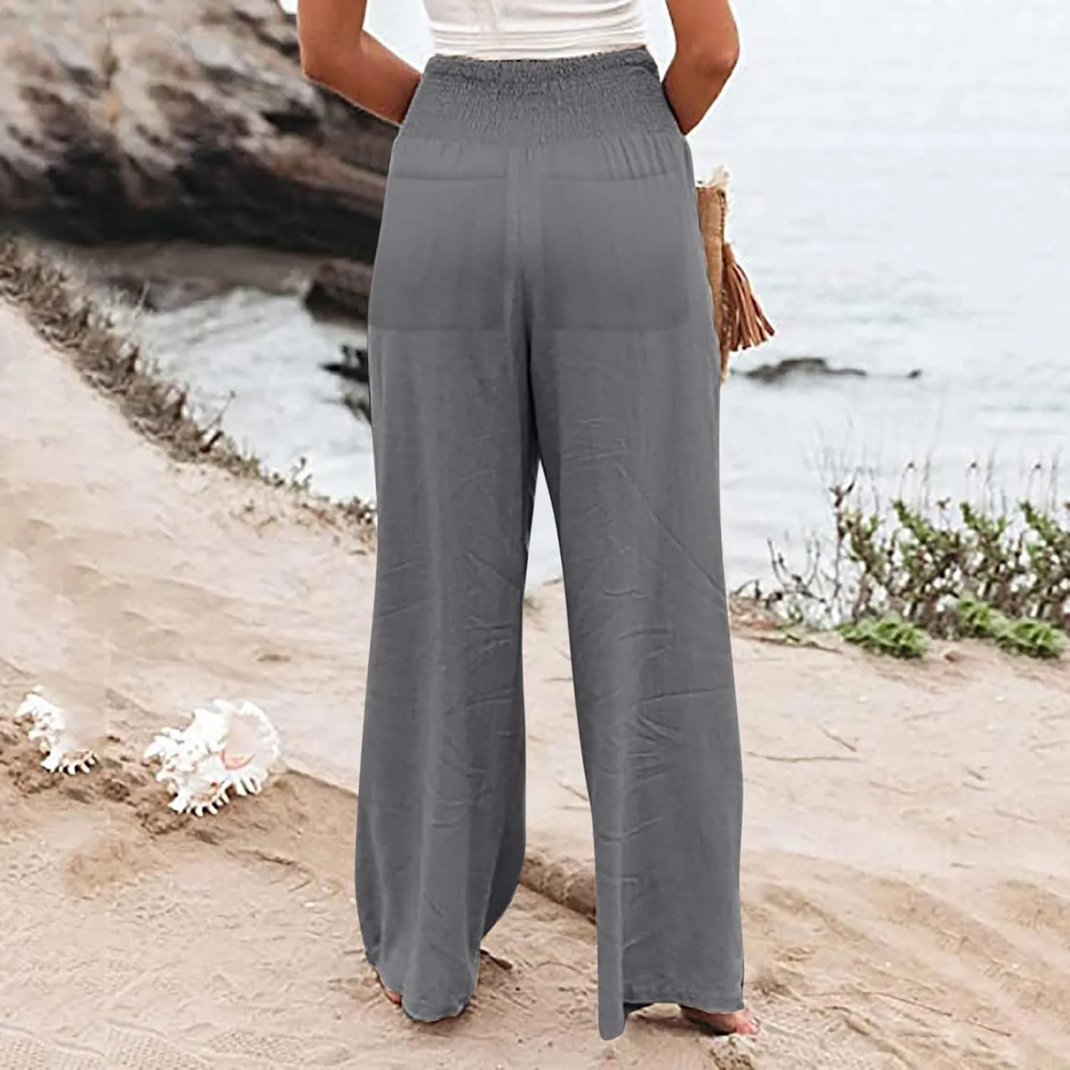 Womens Linen Wide Leg Pants Elastic High Rise Plus Size Paperbag Pants Summer Cotton Flowy Patterned Tall Yoga Pants
