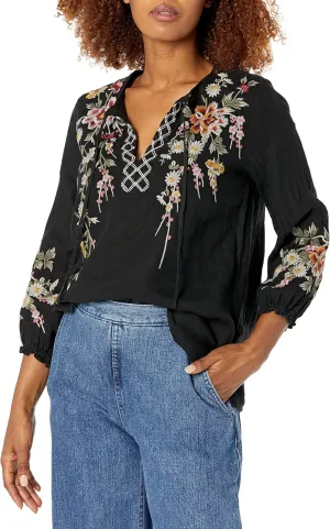 Women's Long Sleeve Linen Split Neck Top