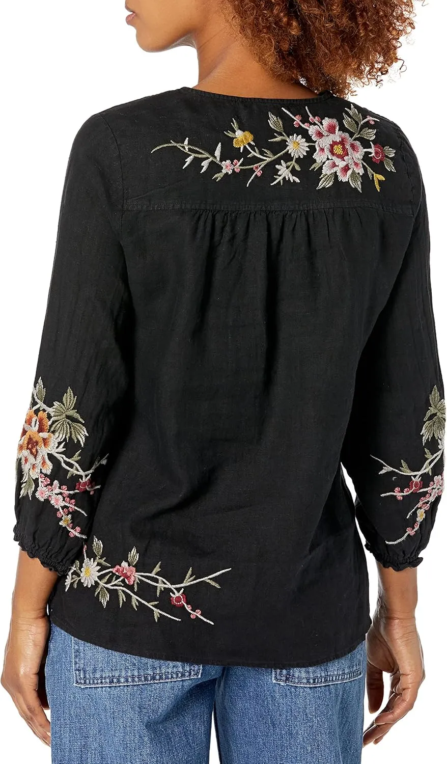 Women's Long Sleeve Linen Split Neck Top