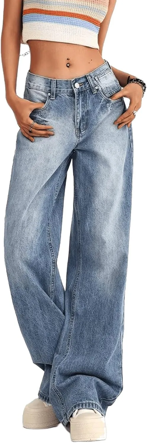 Women's Low Rise Baggy Jeans Washed Straight Wide Leg Denim Pants Casual Loose Boyfriend Jean Streewear Trousers