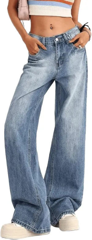 Women's Low Rise Baggy Jeans Washed Straight Wide Leg Denim Pants Casual Loose Boyfriend Jean Streewear Trousers