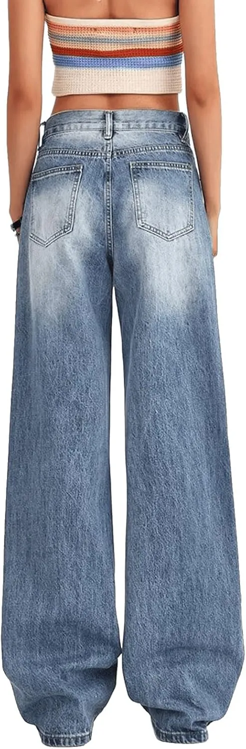 Women's Low Rise Baggy Jeans Washed Straight Wide Leg Denim Pants Casual Loose Boyfriend Jean Streewear Trousers