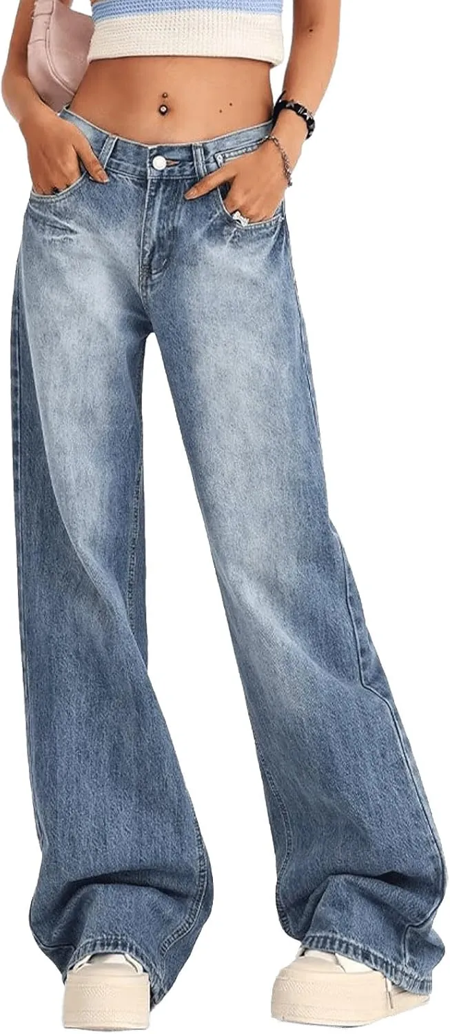 Women's Low Rise Baggy Jeans Washed Straight Wide Leg Denim Pants Casual Loose Boyfriend Jean Streewear Trousers