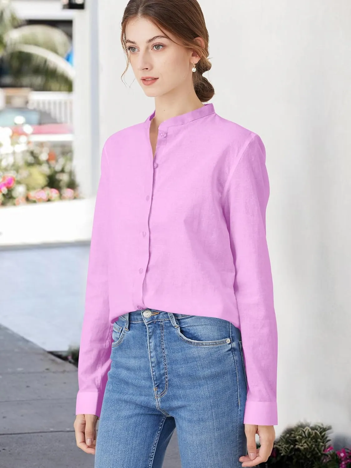 Women's Mandarin Collar Button-Down Shirts Casual Cotton Long Sleeve Blouses