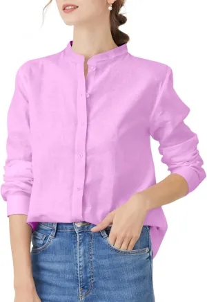 Women's Mandarin Collar Button-Down Shirts Casual Cotton Long Sleeve Blouses