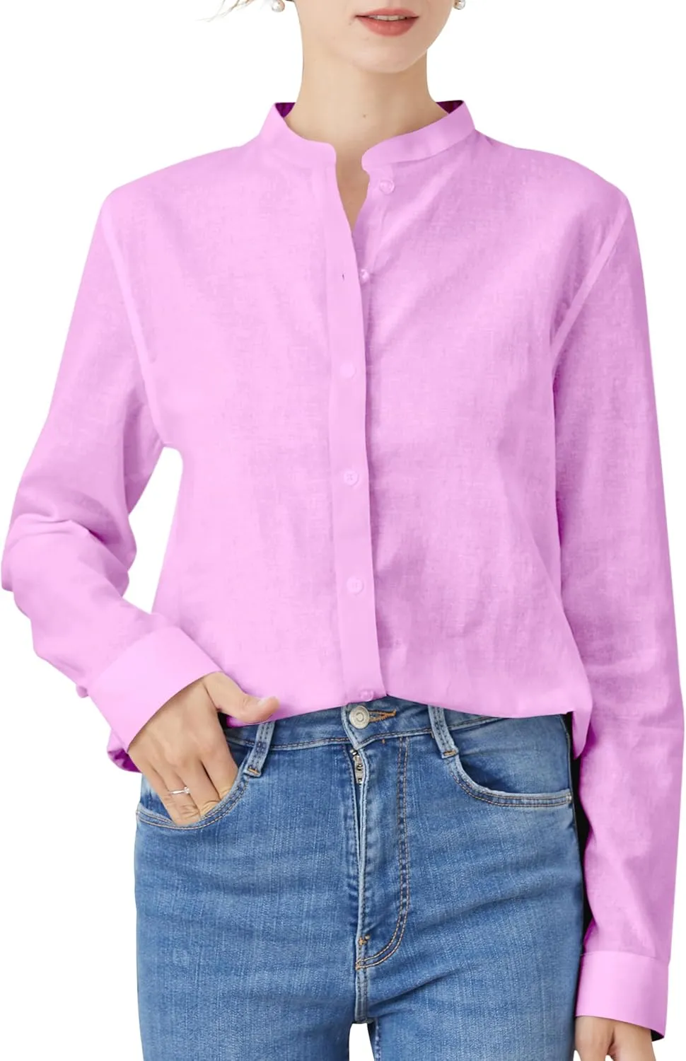Women's Mandarin Collar Button-Down Shirts Casual Cotton Long Sleeve Blouses