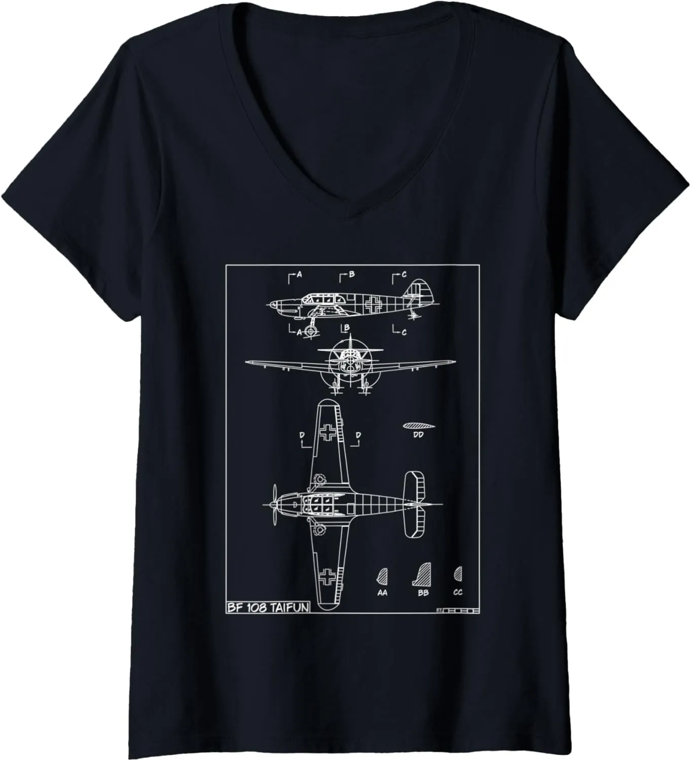 Womens Messerschmitt Bf 108 Taifun WW2 German Plane Blueprint V-Neck T-Shirt