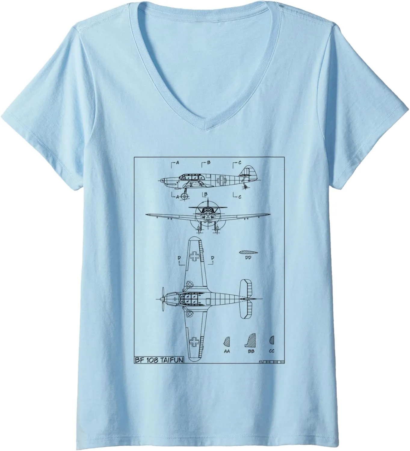 Womens Messerschmitt Bf 108 Taifun WW2 German Plane Blueprint V-Neck T-Shirt
