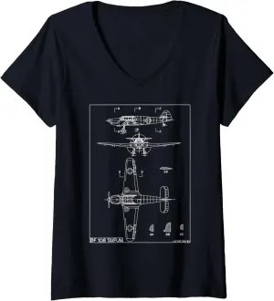 Womens Messerschmitt Bf 108 Taifun WW2 German Plane Blueprint V-Neck T-Shirt