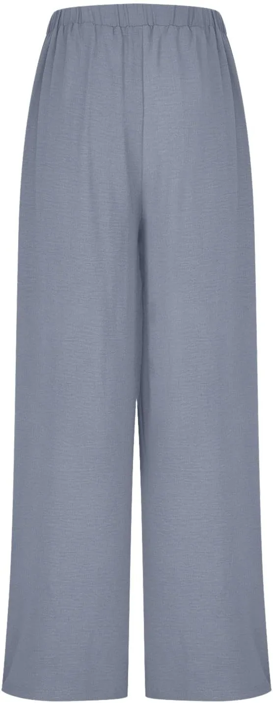 Women's Palazzo Pants Summer Stylish Casual High Waisted Cotton Linen Trousers Loose Pleated Wide Leg Paperbag Slacks