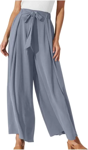 Women's Palazzo Pants Summer Stylish Casual High Waisted Cotton Linen Trousers Loose Pleated Wide Leg Paperbag Slacks