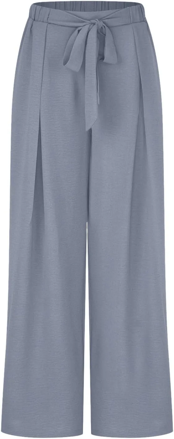 Women's Palazzo Pants Summer Stylish Casual High Waisted Cotton Linen Trousers Loose Pleated Wide Leg Paperbag Slacks
