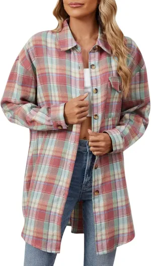 Womens Plus Size Button Down Flannel Plaid Long Sleeve Shirts Oversized Loose Casual Long Jacket Shacket Coats