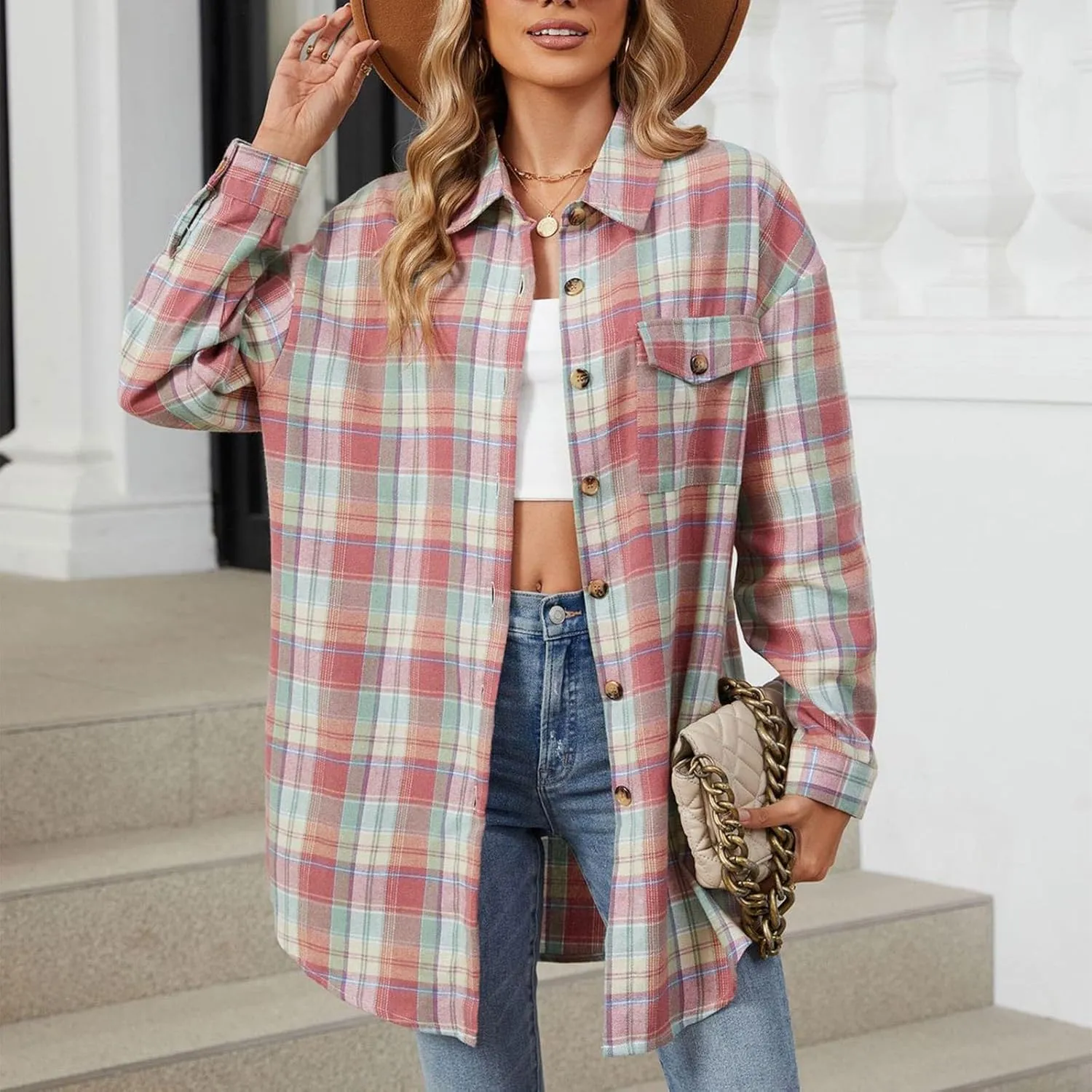 Womens Plus Size Button Down Flannel Plaid Long Sleeve Shirts Oversized Loose Casual Long Jacket Shacket Coats