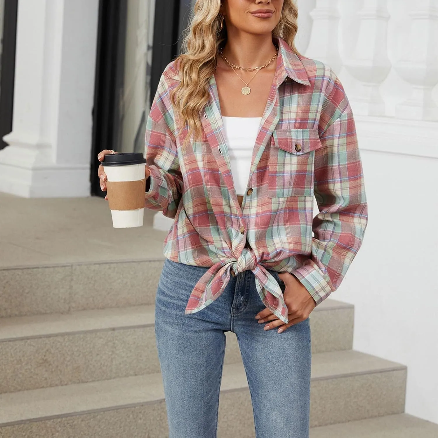 Womens Plus Size Button Down Flannel Plaid Long Sleeve Shirts Oversized Loose Casual Long Jacket Shacket Coats