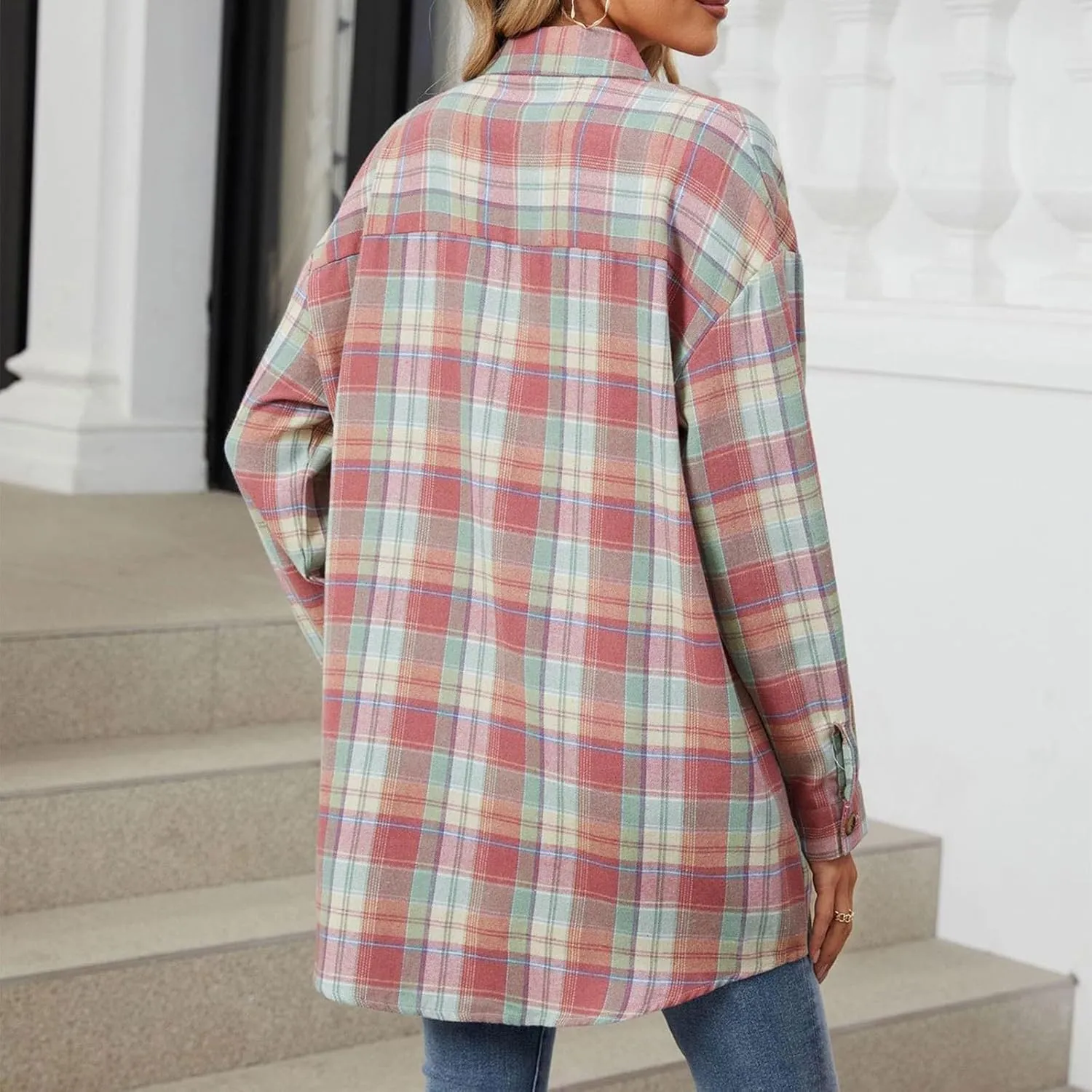 Womens Plus Size Button Down Flannel Plaid Long Sleeve Shirts Oversized Loose Casual Long Jacket Shacket Coats