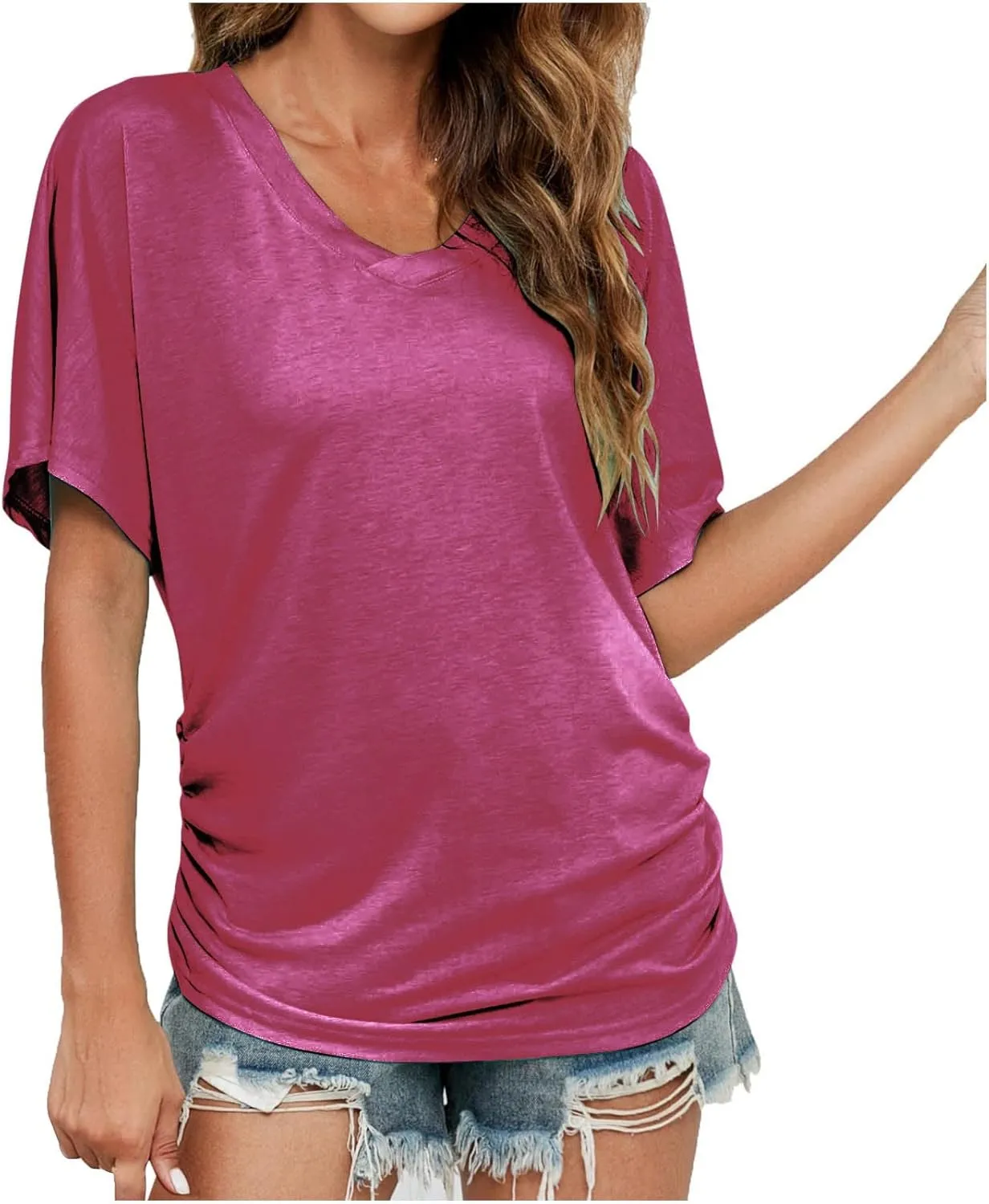 Women's Short Sleeve Shirts Dressy Casual Summer Tops 2025 Trendy Blouses Solid Color Cute Pullover T-Shirts