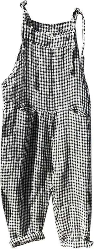 Womens Striped Linen Jumpsuits Summer Casual Relaxed Fit Baggy Adjustable Straps Harem Wide Leg Bib Pants Oversized Overalls Black