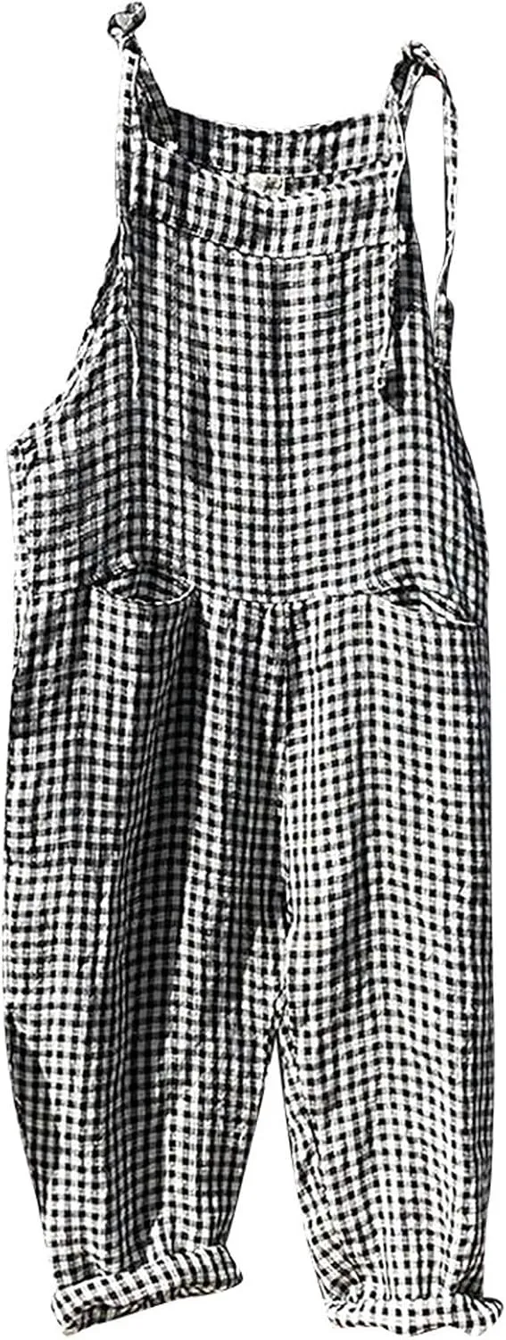 Womens Striped Linen Jumpsuits Summer Casual Relaxed Fit Baggy Adjustable Straps Harem Wide Leg Bib Pants Oversized Overalls Black