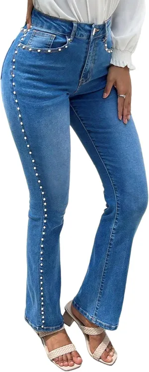Women's Studded Flare Jeans Mid Rise Bootcut Stretch Curvy Fit Wide Leg Denim Pants