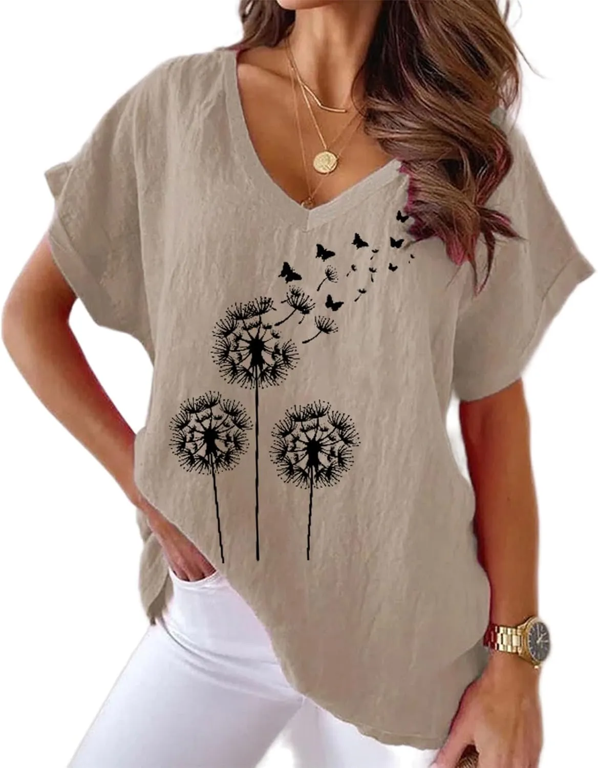 Women's Summer Cotton Linen Boho Floral Short Sleeve Tunic Top Casual Loose Comfy V Neck Blouse Shirt Plus Size