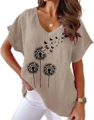 Women's Summer Cotton Linen Boho Floral Short Sleeve Tunic Top Casual Loose Comfy V Neck Blouse Shirt Plus Size