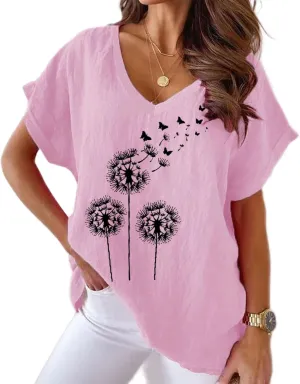 Women's Summer Cotton Linen Boho Floral Short Sleeve Tunic Top Casual Loose Comfy V Neck Blouse Shirt Plus Size