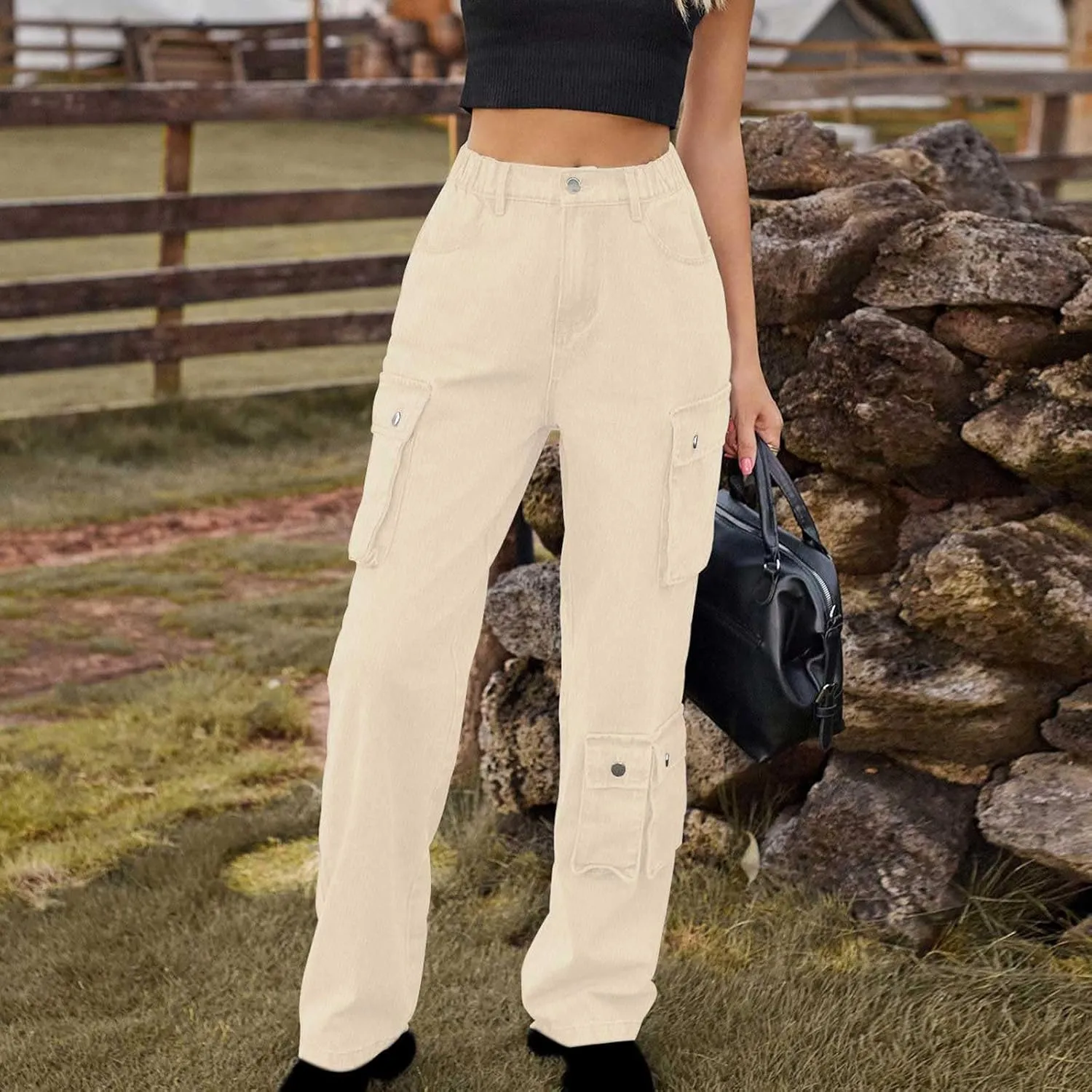 Womens Wide Leg Jeans Retro Mid Rise Denim Straight Leg Pants Stretchy Casual Raw Hem Denim Pants with 5 Pockets
