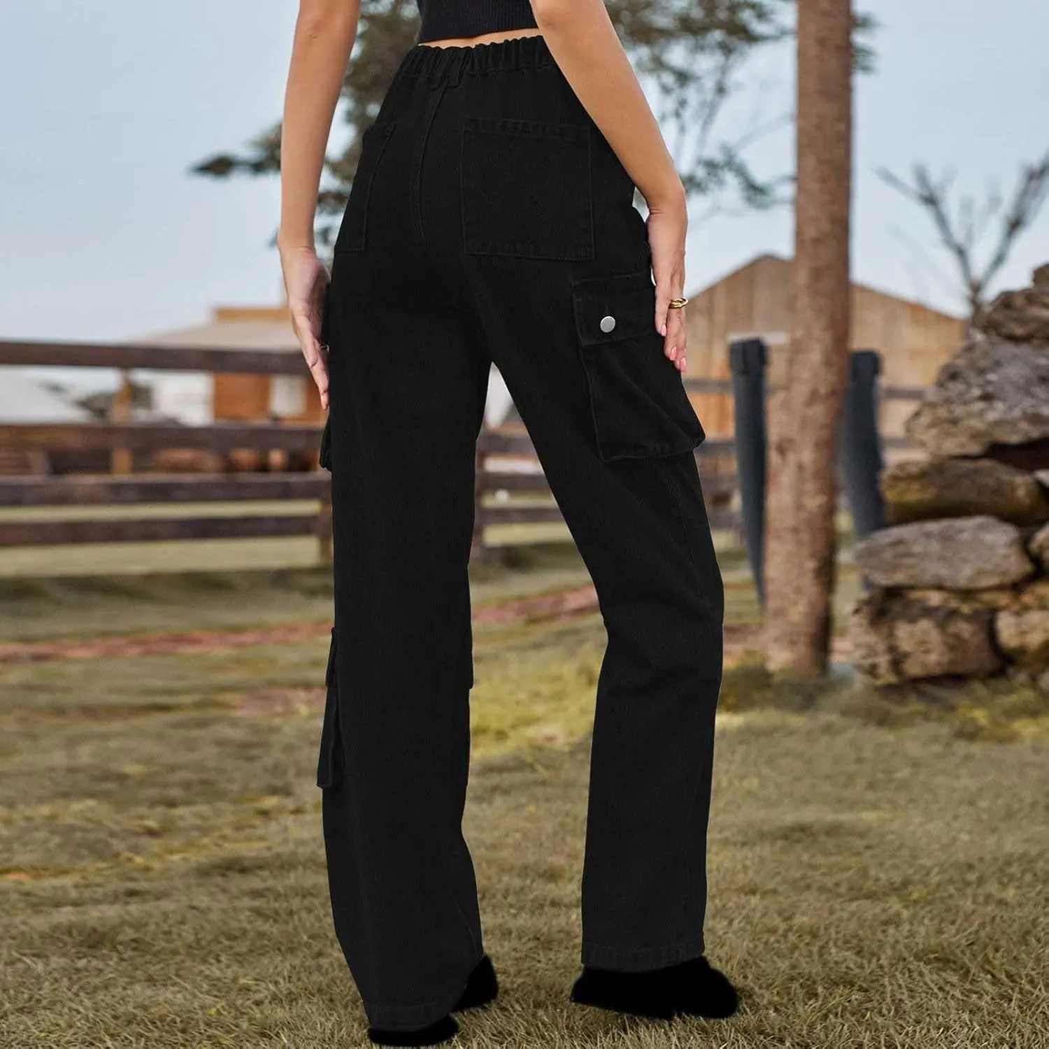 Womens Wide Leg Jeans Retro Mid Rise Denim Straight Leg Pants Stretchy Casual Raw Hem Denim Pants with 5 Pockets