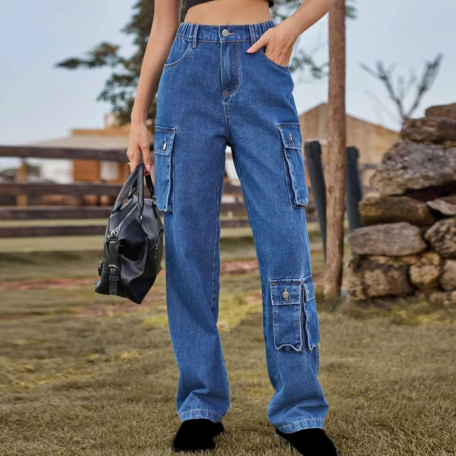 Womens Wide Leg Jeans Retro Mid Rise Denim Straight Leg Pants Stretchy Casual Raw Hem Denim Pants with 5 Pockets