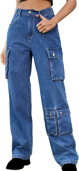 Womens Wide Leg Jeans Retro Mid Rise Denim Straight Leg Pants Stretchy Casual Raw Hem Denim Pants with 5 Pockets