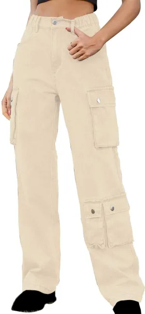 Womens Wide Leg Jeans Retro Mid Rise Denim Straight Leg Pants Stretchy Casual Raw Hem Denim Pants with 5 Pockets